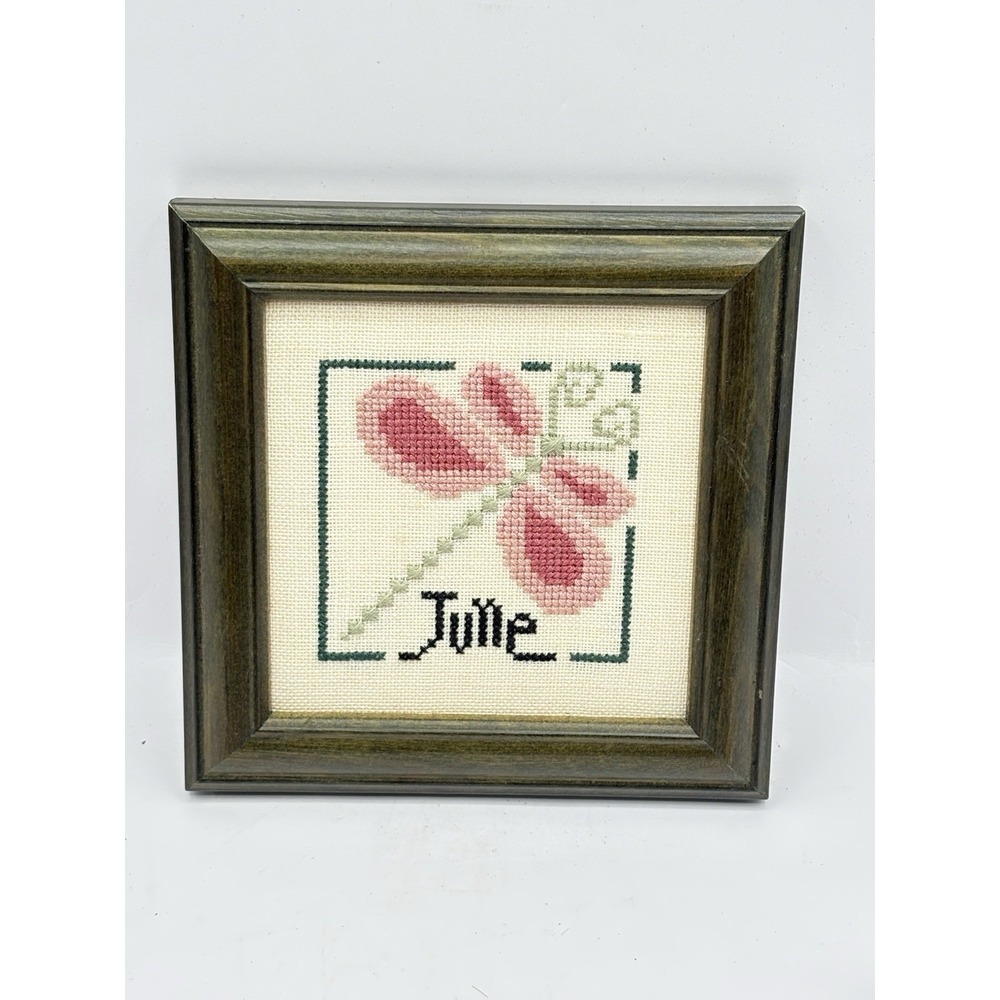 Completed June Cross Stitch Rustic Green Framed 5" Pink Dragon Fly Spring